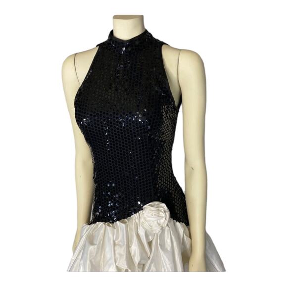 80s Dave & Johnny Sequin Halter Bubble Hem Open back Dress Black & White Medium - Picture 5 of 16